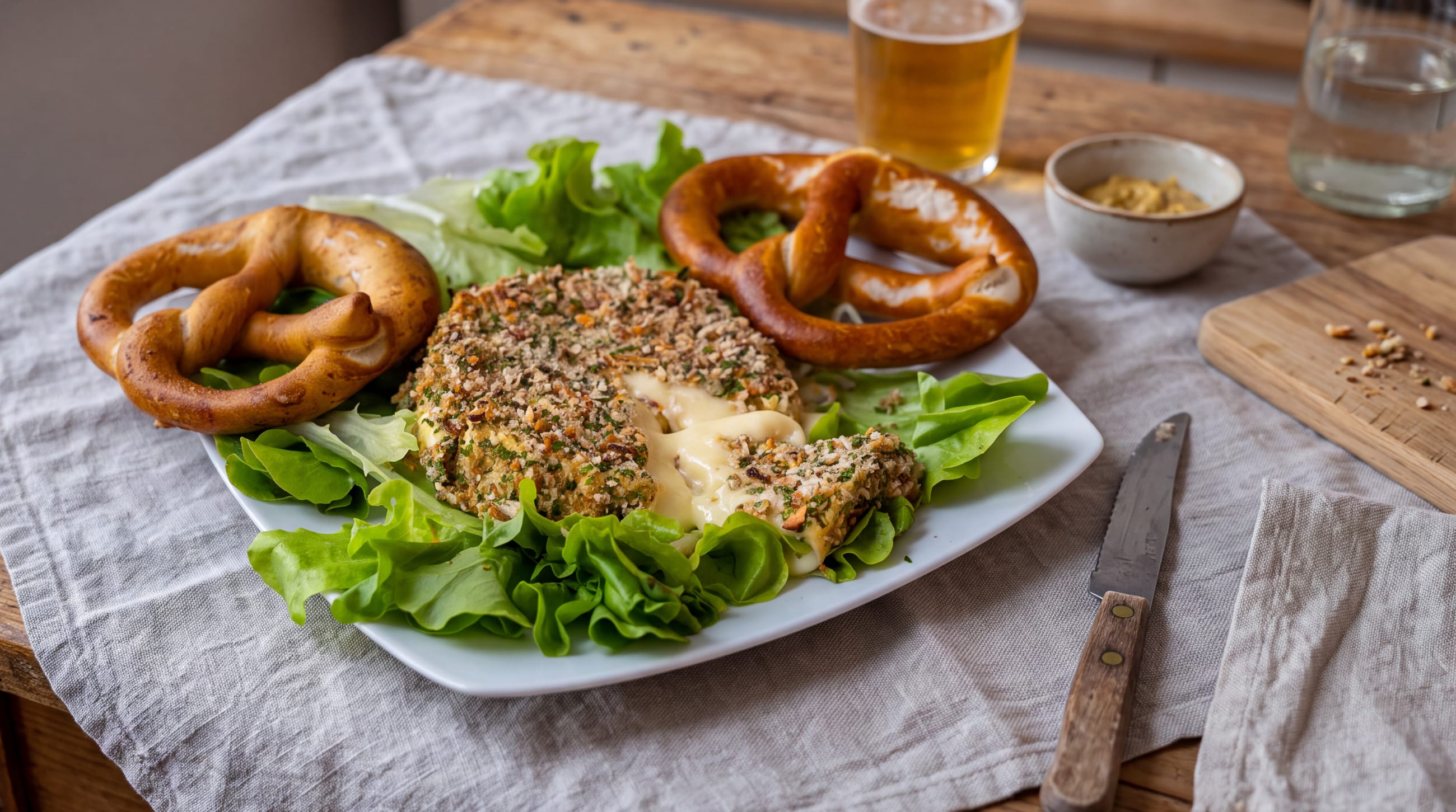 Munster pané à la chapelure au bretzel Auguste Bloch, servi avec bretzels et salade