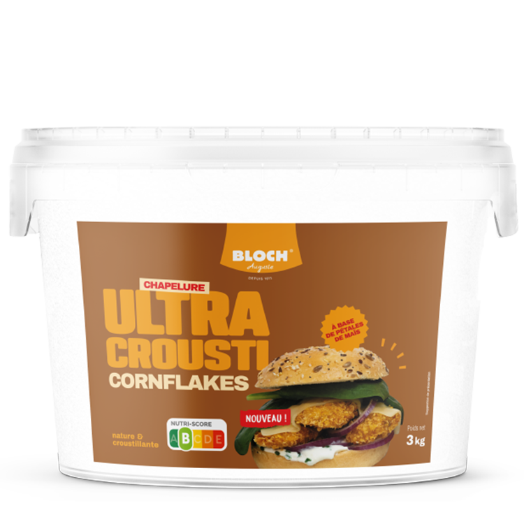 Chapelure Ultra Crousti Cornflakes Bloch en seau de 3 kg, idéale pour paner nuggets, burgers végétariens ou wraps.